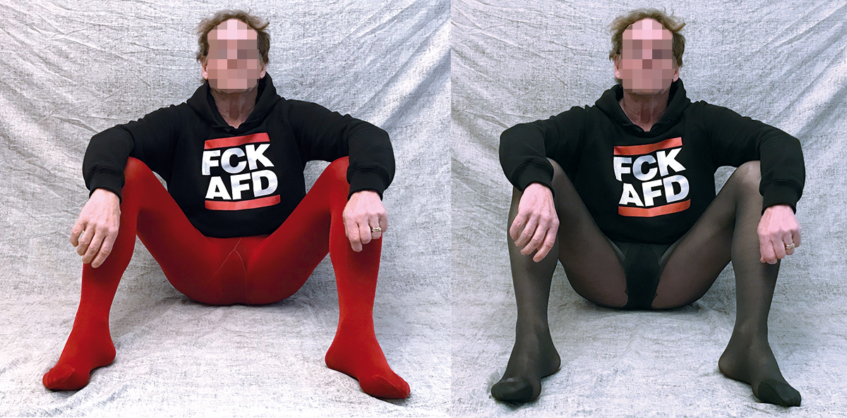 FCK AFD Ich in schwarzer und roter Strumpfhose mit FCK AFD-Hoodie